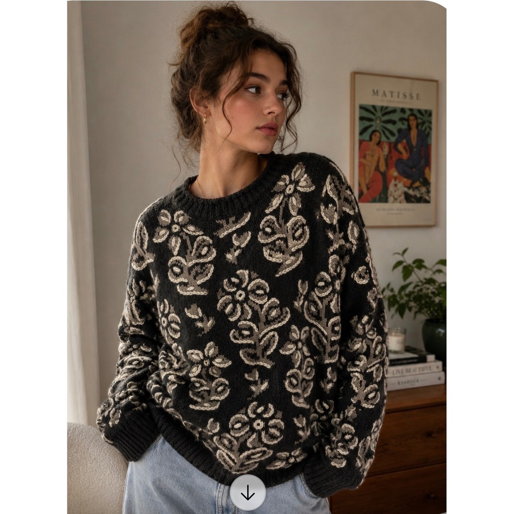 Garnet Hill‎ 100% Lambswool Floral Knit Sweater Brown Cream Size M Vintage Style